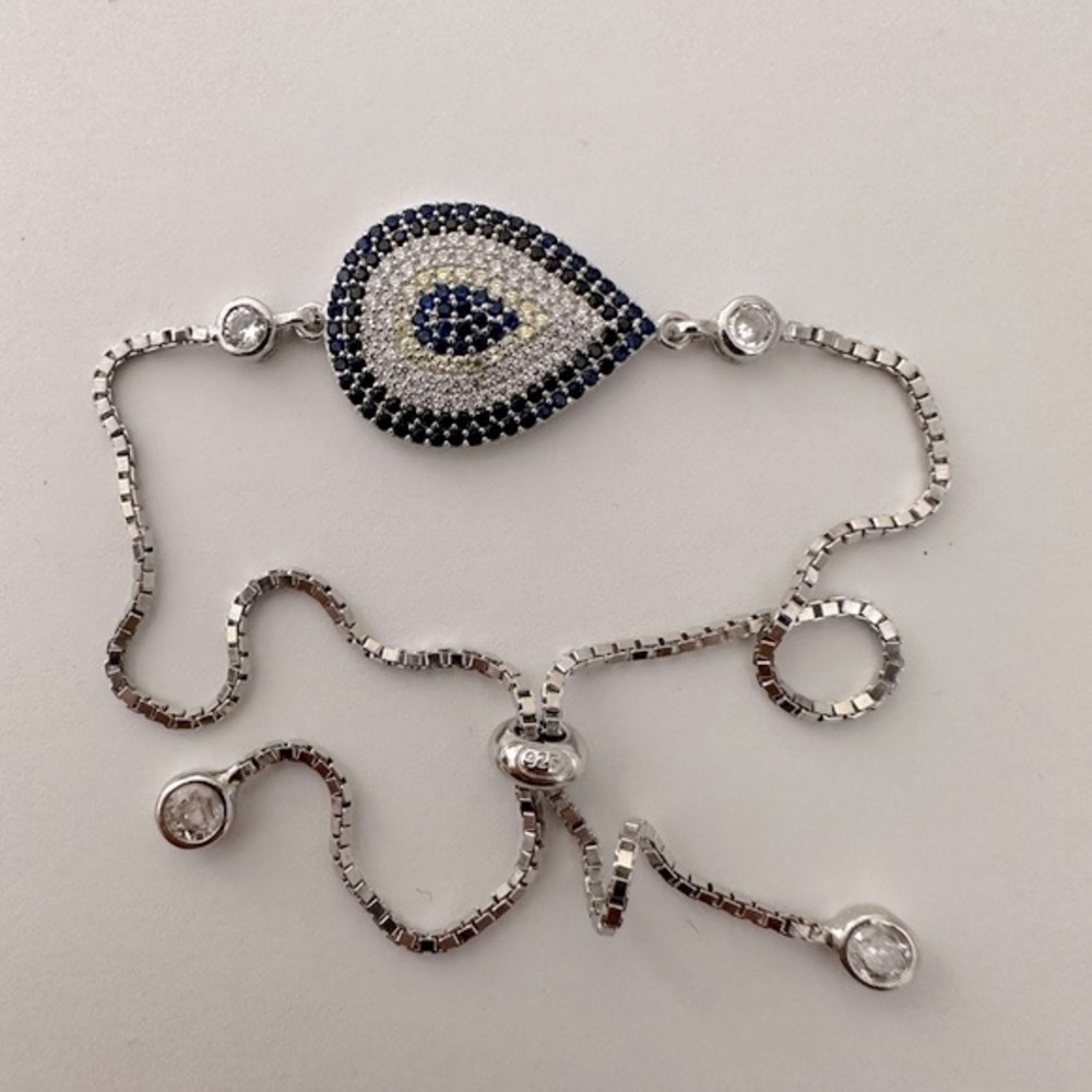 🧿925 Silver drop evileye bracelet tennis lock cz stones slider adjustable size